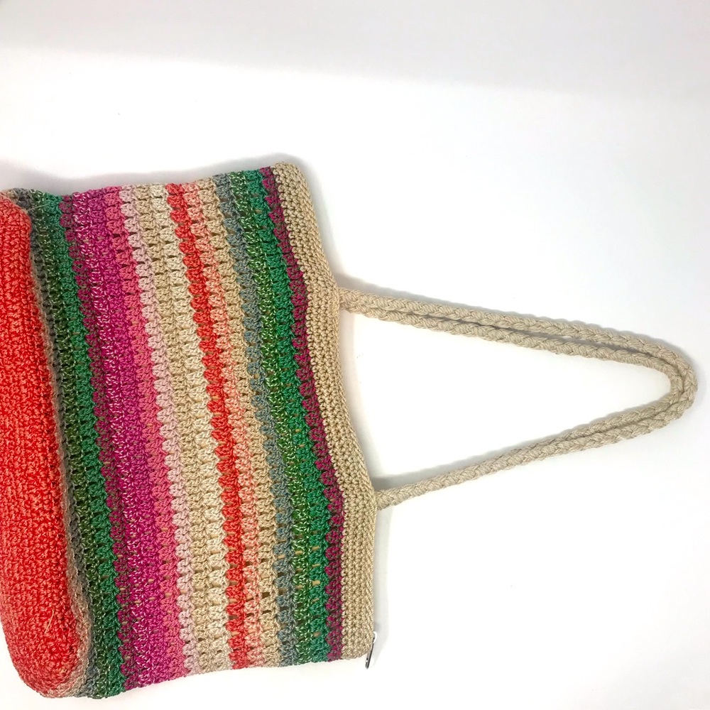 The Sak Rainbow Striped Woven Braided Strap Crochet Zippered Tote Purse - Picture 3 of 11